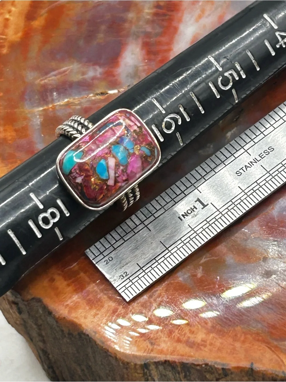 Sterling Silver Ring with Pink Oyster Turquoise - Size 7